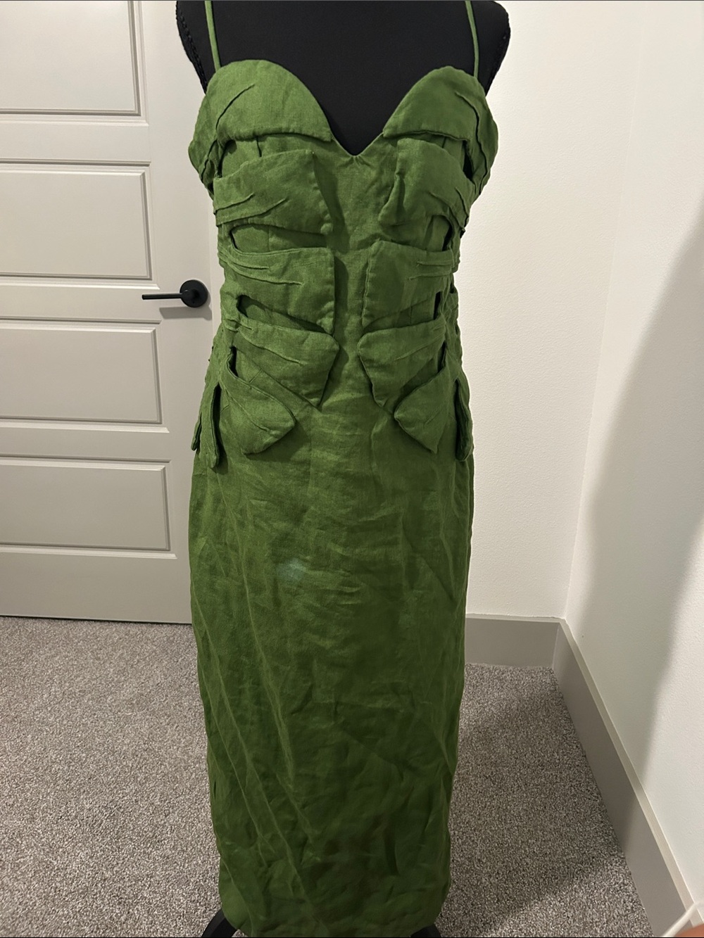FARM Rio Linen Olive Green Sculpted Maxi Dress with Strappy Shoulders
